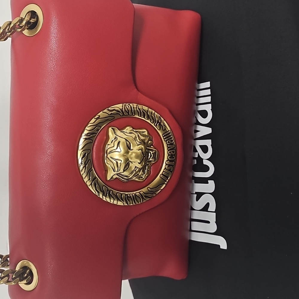 Just Cavalli Coral-Red Leather Shoulder Bag with Gold Medallion